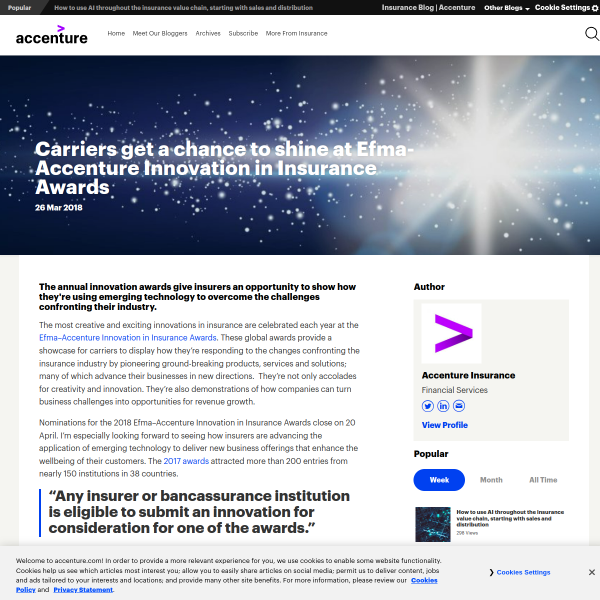 Carriers get a chance to shine at Efma-Accenture Innovation in Insurance Awards - Accenture Insurance Blog