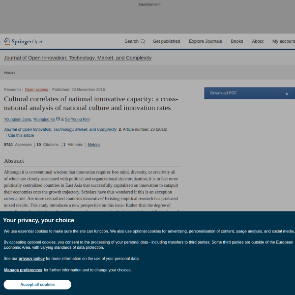 Cultural correlates of national innovative capacity: a cross-national analysis of national culture and innovation rates