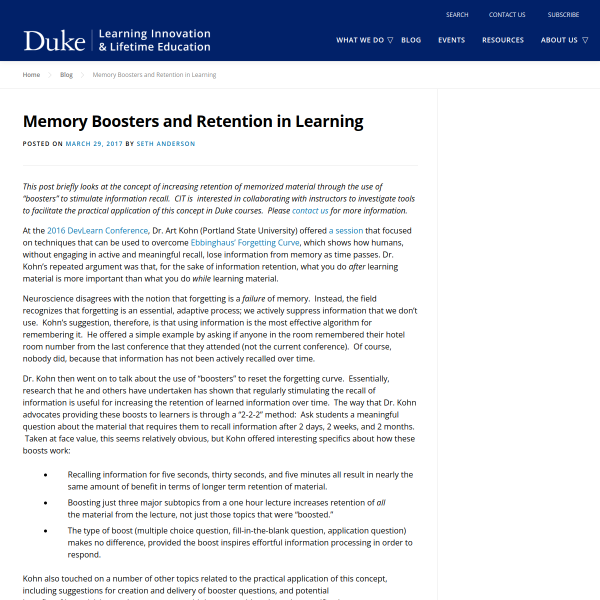 Memory Boosters and Retention in Learning - Duke Learning Innovation