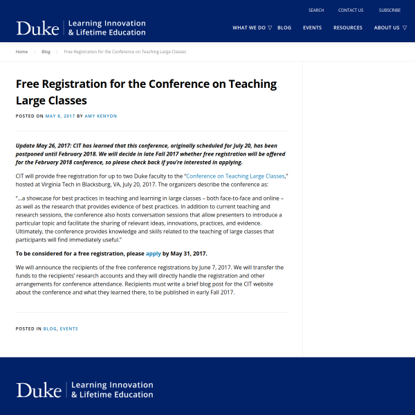 Free Registration for the Conference on Teaching Large Classes - Duke Learning Innovation