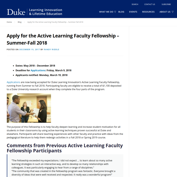 Apply for the Active Learning Faculty Fellowship – Summer-Fall 2018 - Duke Learning Innovation