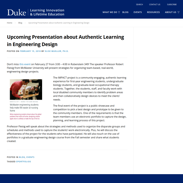 Upcoming Presentation about Authentic Learning in Engineering Design - Duke Learning Innovation