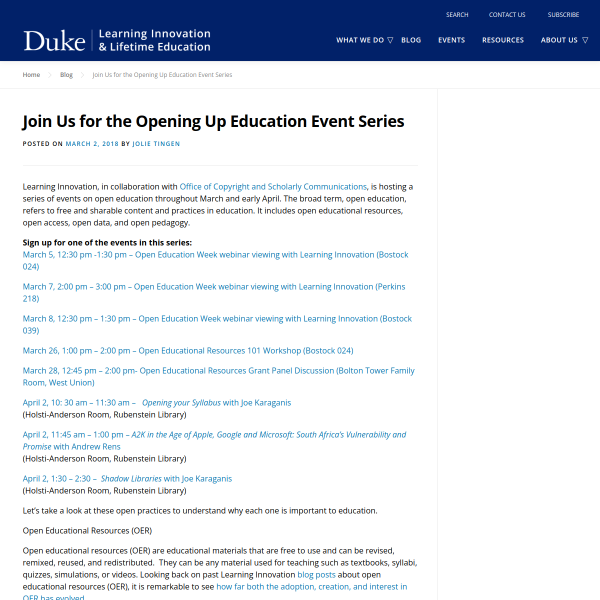Join Us for the Opening Up Education Event Series - Duke Learning Innovation
