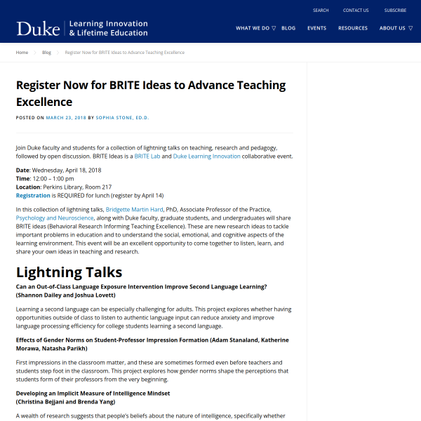 Register Now for BRITE Ideas to Advance Teaching Excellence - Duke Learning Innovation
