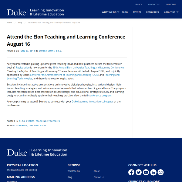 Attend the Elon Teaching and Learning Conference August 16 - Duke Learning Innovation