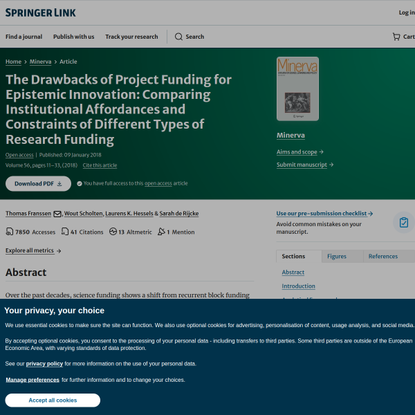 The Drawbacks of Project Funding for Epistemic Innovation: Comparing Institutional Affordances and Constraints of Different Types of Research Funding