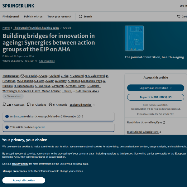 Building bridges for innovation in ageing: Synergies between action groups of the EIP on AHA