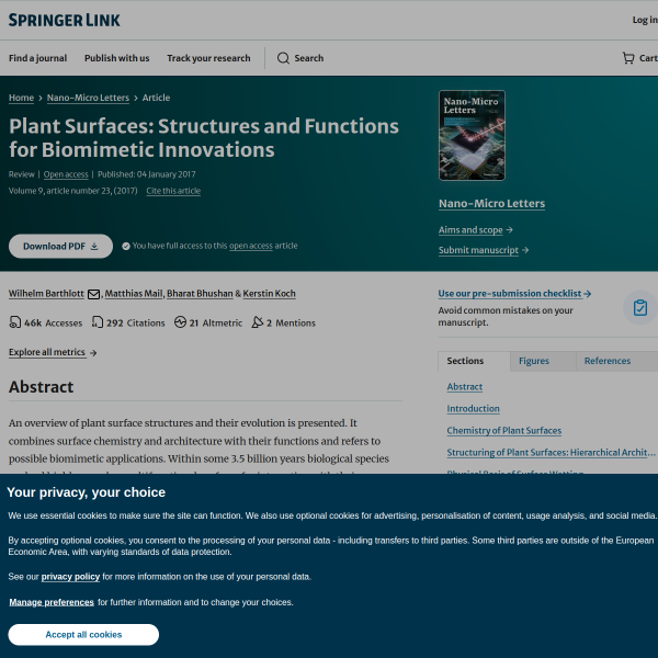 Plant Surfaces: Structures and Functions for Biomimetic Innovations