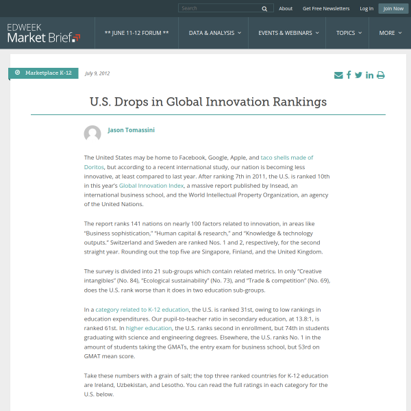 U.S. Drops in Global Innovation Rankings - Market Brief