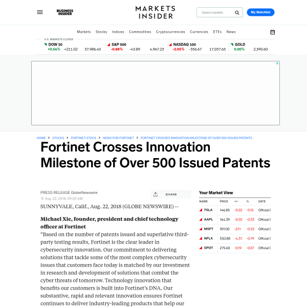 Fortinet Crosses Innovation Milestone of Over 500 Issued Patents - Markets Insider