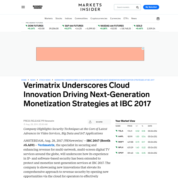 Verimatrix Underscores Cloud Innovation Driving Next-Generation Monetization Strategies at IBC 2017 - Markets Insider