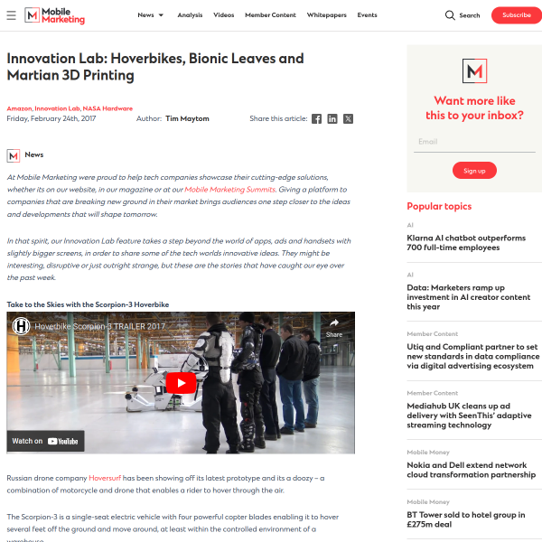 Innovation Lab: Hoverbikes, Bionic Leaves and Martian 3D Printing - Mobile Marketing Magazine