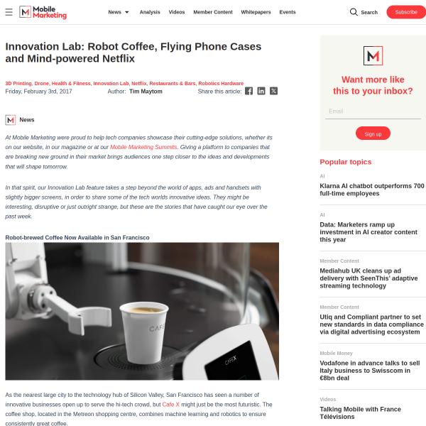Innovation Lab: Robot Coffee, Flying Phone Cases and Mind-powered Netflix - Mobile Marketing Magazine