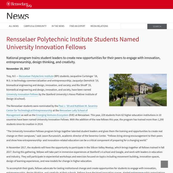 Rensselaer Polytechnic Institute Students Named University Innovation Fellows