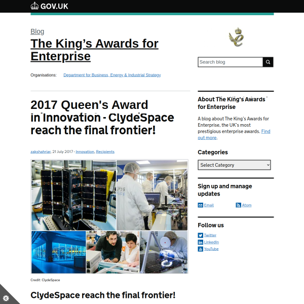 2017 Queen's Award winners in Innovation - ClydeSpace reach the final frontier!