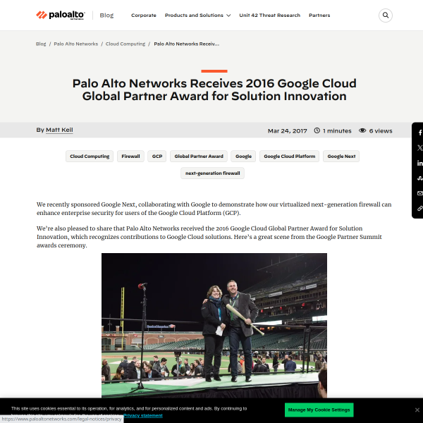 Palo Alto Networks Receives 2016 Google Cloud Global Partner Award for Solution Innovation - Palo Alto Networks Blog