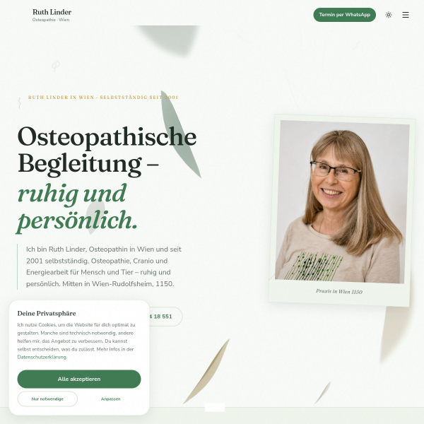 Website von Ruth Linder – Osteopathie Wien, Website, Google Ads und Print-Design von Andreas Binder