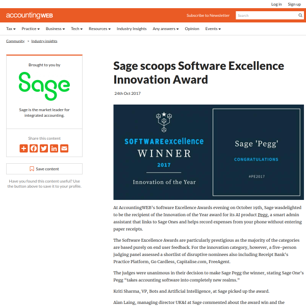 Sage scoops Software Excellence Innovation Award