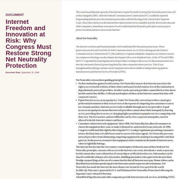 Internet Freedom and Innovation at Risk: Why Congress Must Restore Strong Net Neutrality Protection