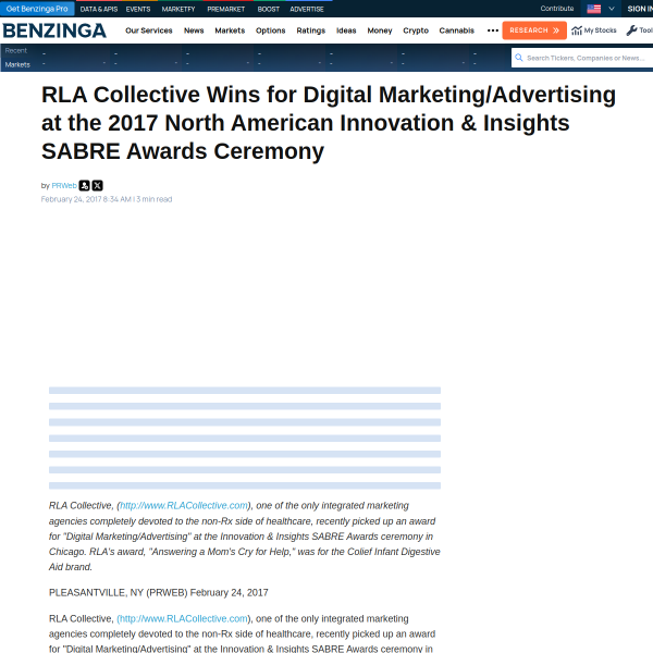 RLA Collective Wins for Digital Marketing/Advertising at the 2017 North American Innovation & Insights SABRE Awards Ceremony