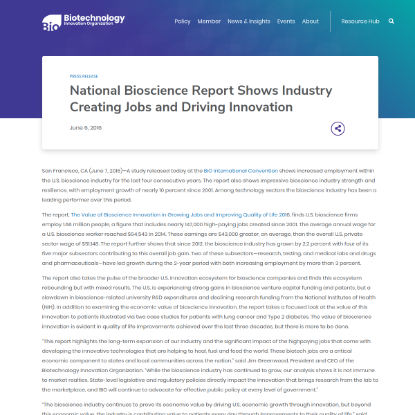National Bioscience Report Shows Industry Creating Jobs and Driving Innovation - BIO