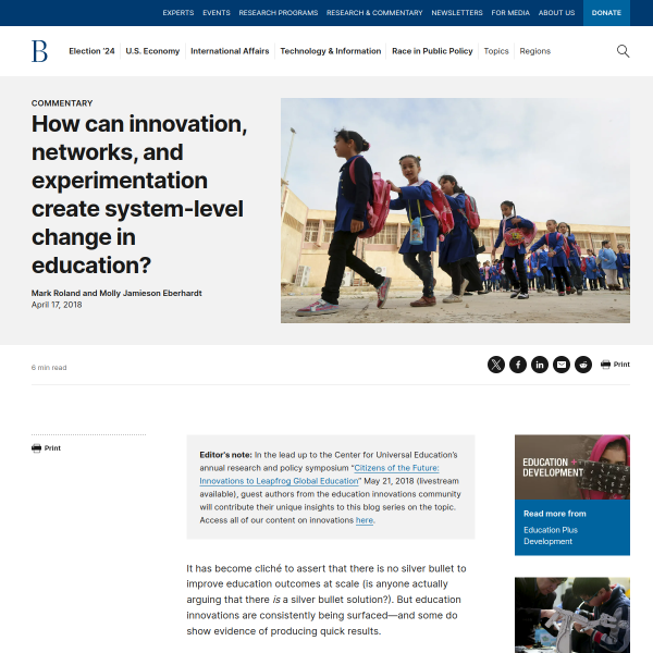 How can innovation, networks, and experimentation create system-level change in education?