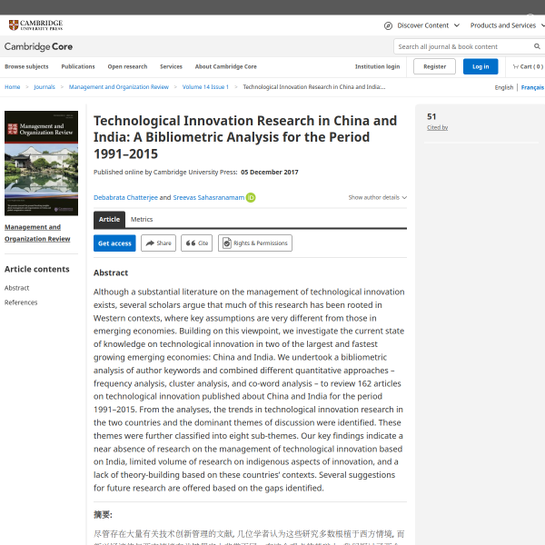 Technological Innovation Research in China and India: A Bibliometric Analysis for the Period 1991–2015 - Management and Organization Review - Cambridge Core