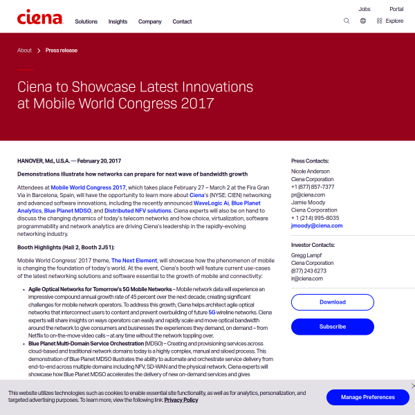 Ciena to Showcase Latest Innovations at Mobile World Congress 2017 - Ciena