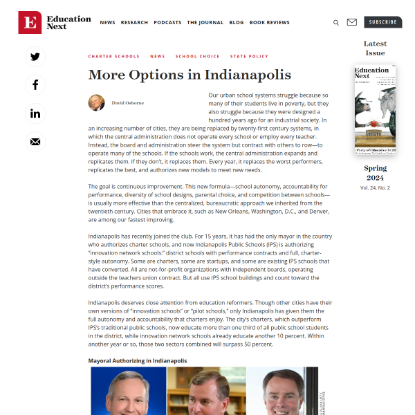 More Options in Indianapolis: Mayoral charters and innovation schools expand choice - Education Next