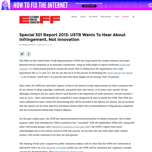 Special 301 Report 2013: USTR Wants To Hear About Infringement, Not Innovation