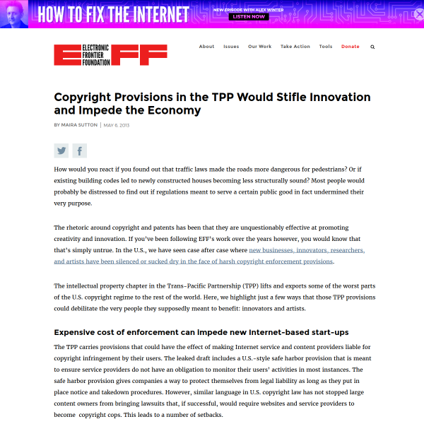Copyright Provisions in the TPP Would Stifle Innovation and Impede the Economy