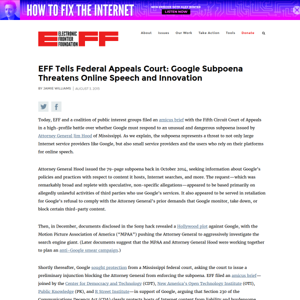 EFF Tells Federal Appeals Court: Google Subpoena Threatens Online Speech and Innovation