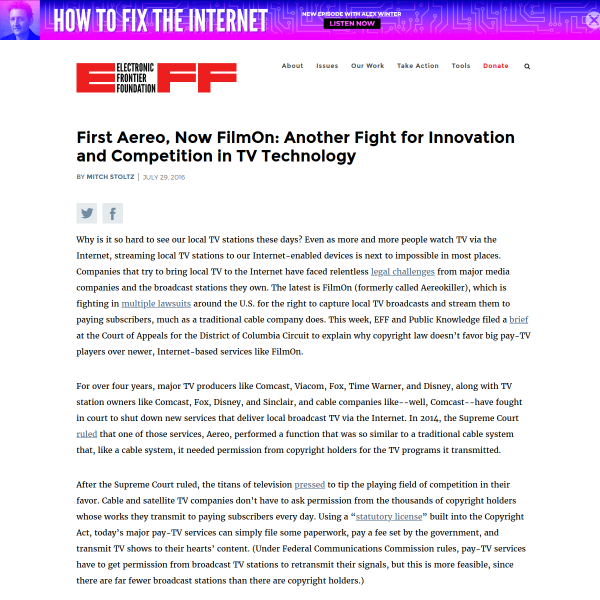 First Aereo, Now FilmOn: Another Fight for Innovation and Competition in TV Technology