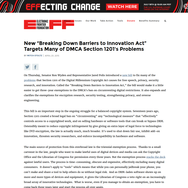 New “Breaking Down Barriers to Innovation Act” Targets Many of DMCA Section 1201's Problems