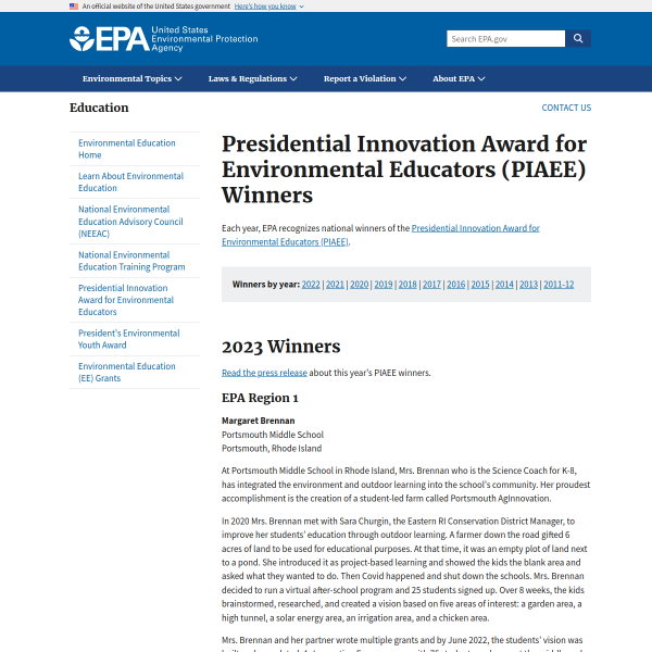Presidential Innovation Award for Environmental Educators (PIAEE) Winners - US EPA