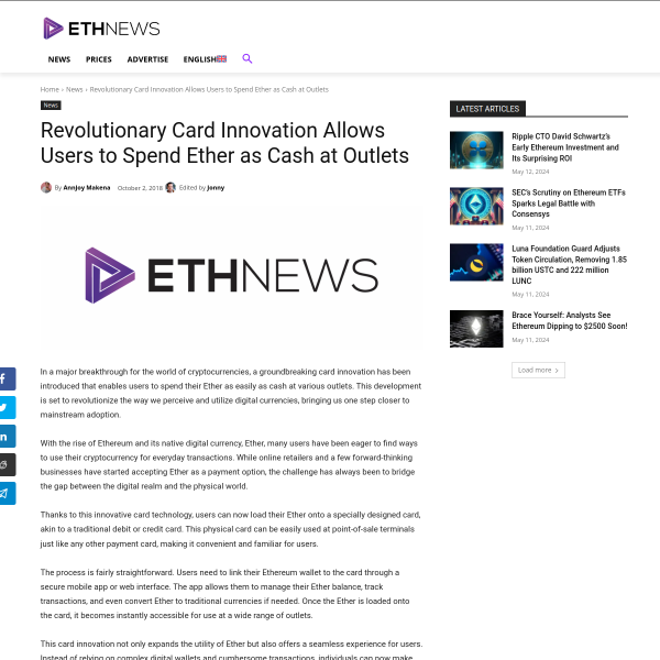 Card Innovation To Let Users Spend Ether As Cash At Outlets