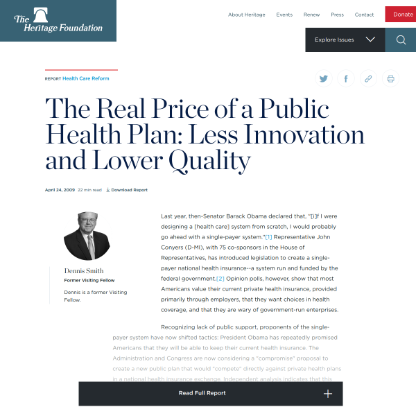 The Real Price of a Public Health Plan: Less Innovation and Lower Quality