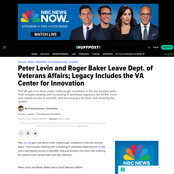 Peter Levin and Roger Baker Leave Dept. of Veterans Affairs; Legacy Includes the VA Center for Innovation