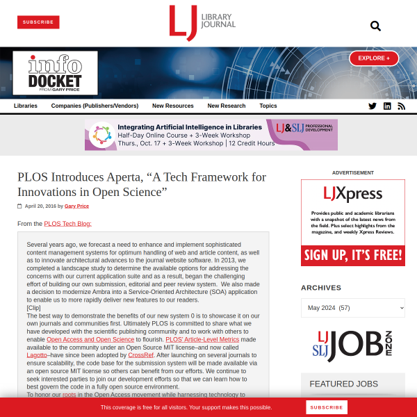 PLOS Introduces Aperta, “A Tech Framework for Innovations in Open Science”