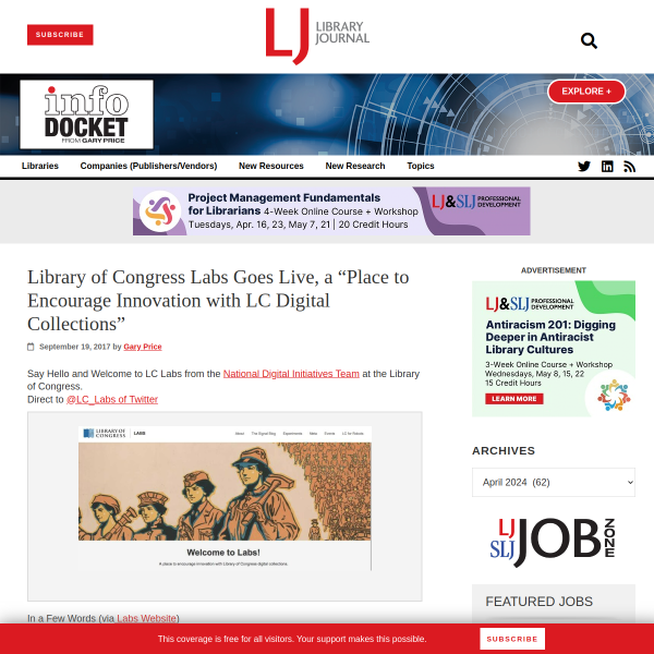 Library of Congress Labs Goes Live, a “Place to Encourage Innovation with LC Digital Collections”