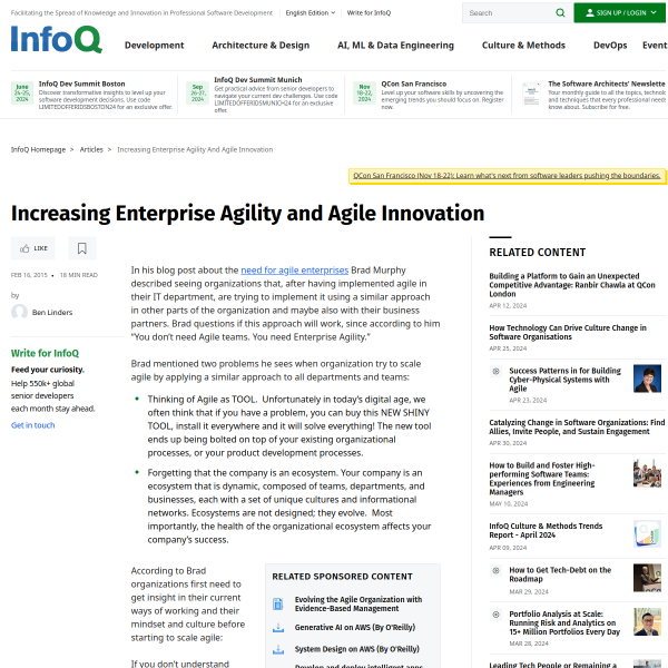 Increasing Enterprise Agility and Agile Innovation