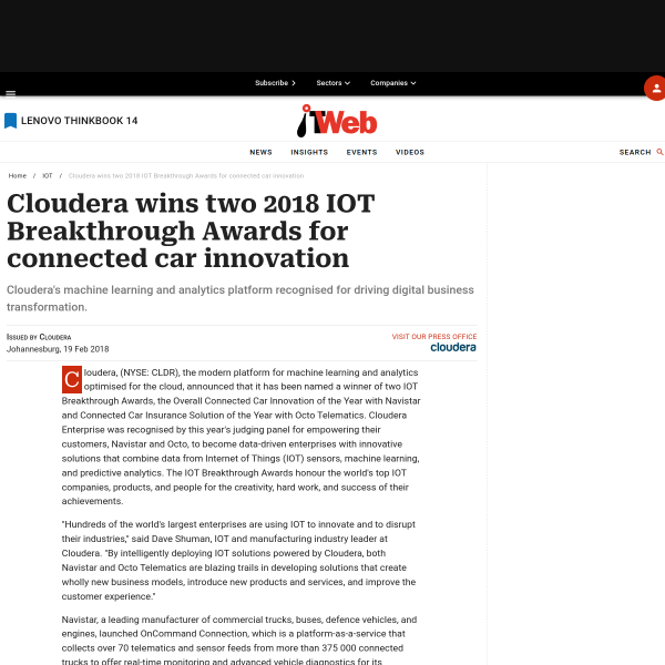 Cloudera wins two 2018 IOT Breakthrough Awards for connected car innovation