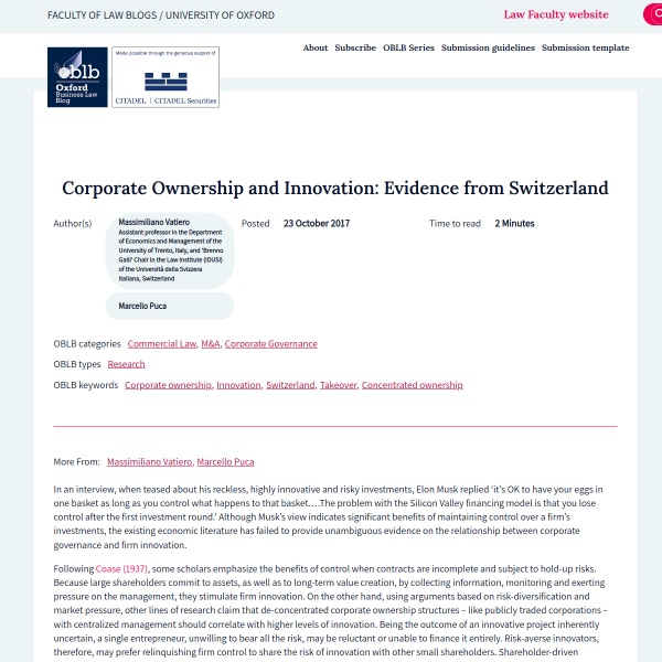 Corporate Ownership and Innovation: Evidence from Switzerland