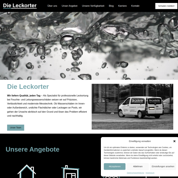 Screenshot der neuen Website Leckorter.at: Startseite mit Wasserhintergrund und Navigation