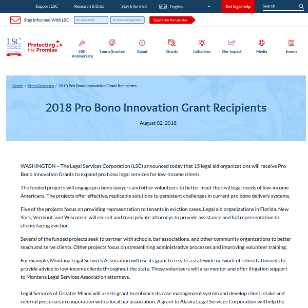 2018 Pro Bono Innovation Grant Recipients