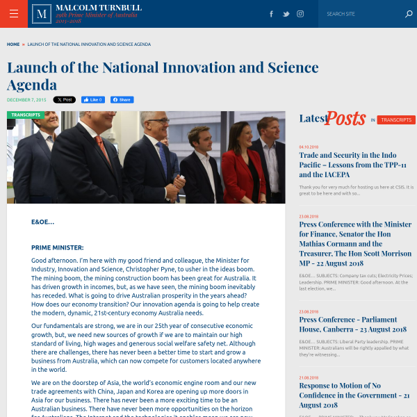 Launch of the National Innovation and Science Agenda