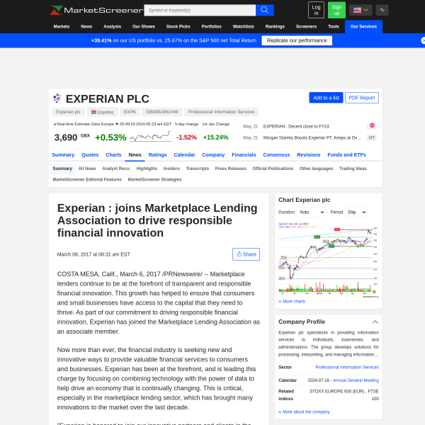 Experian : joins Marketplace Lending Association to drive responsible financial innovation - MarketScreener