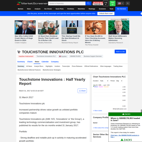 Touchstone Innovations : Half Yearly Report - MarketScreener