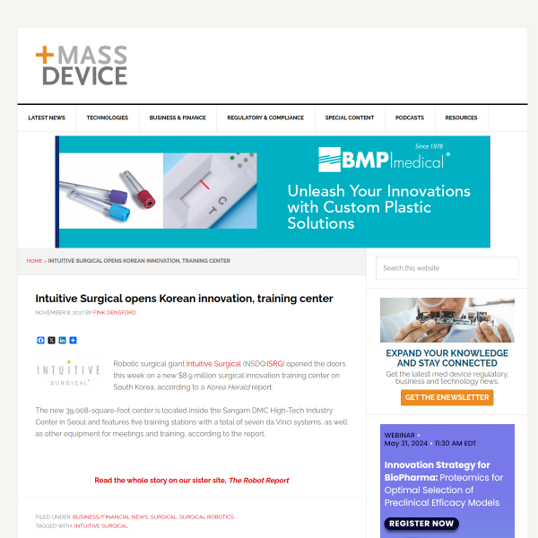 Intuitive Surgical opens Korean innovation, training center - MassDevice