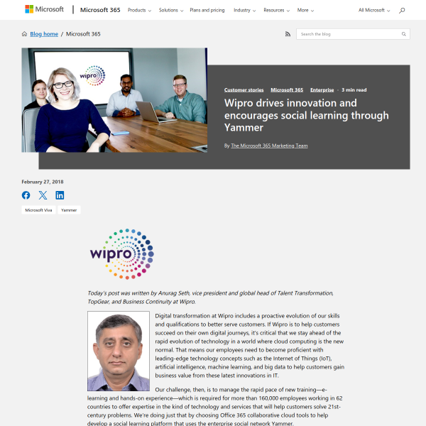 Wipro drives innovation and encourages social learning through Yammer - Microsoft 365 Blog